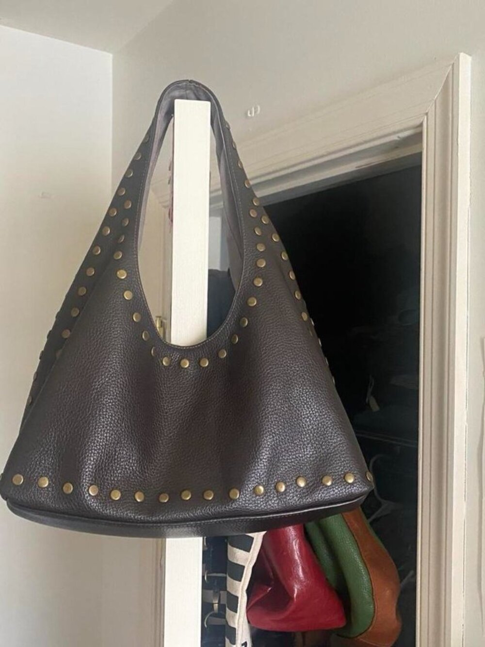 Gimaguas Brown Genuine Leather Studded Shoulder Bag - Picture 2 of 2